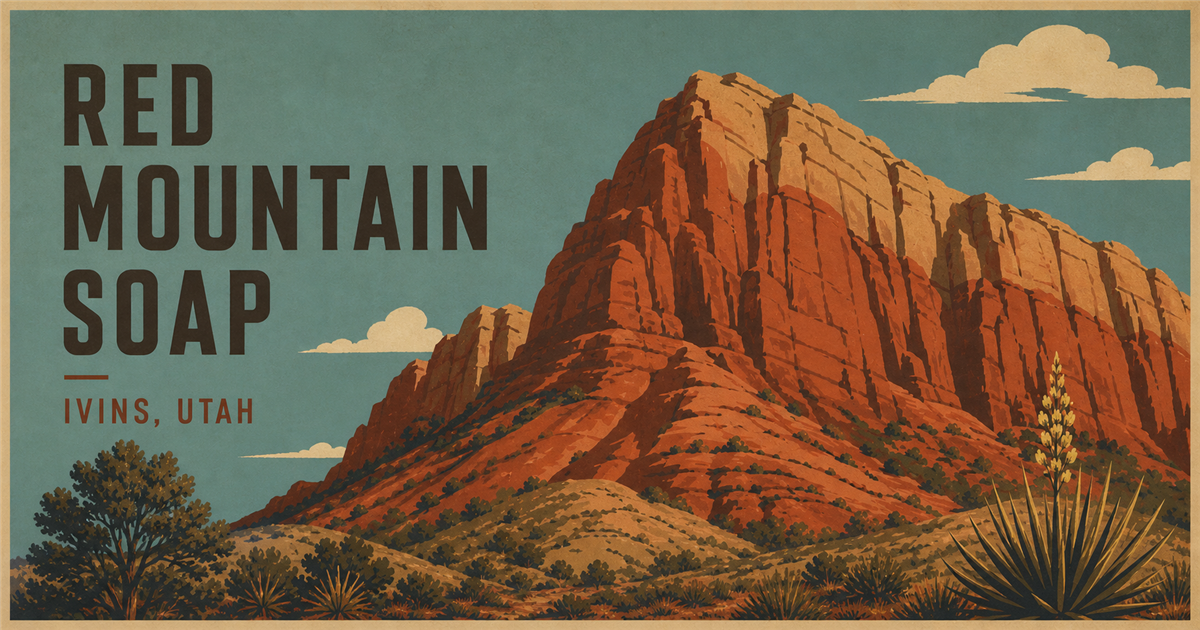 Red Mountain Soap poster illustration with red sandstone cliffs near Ivins, Utah